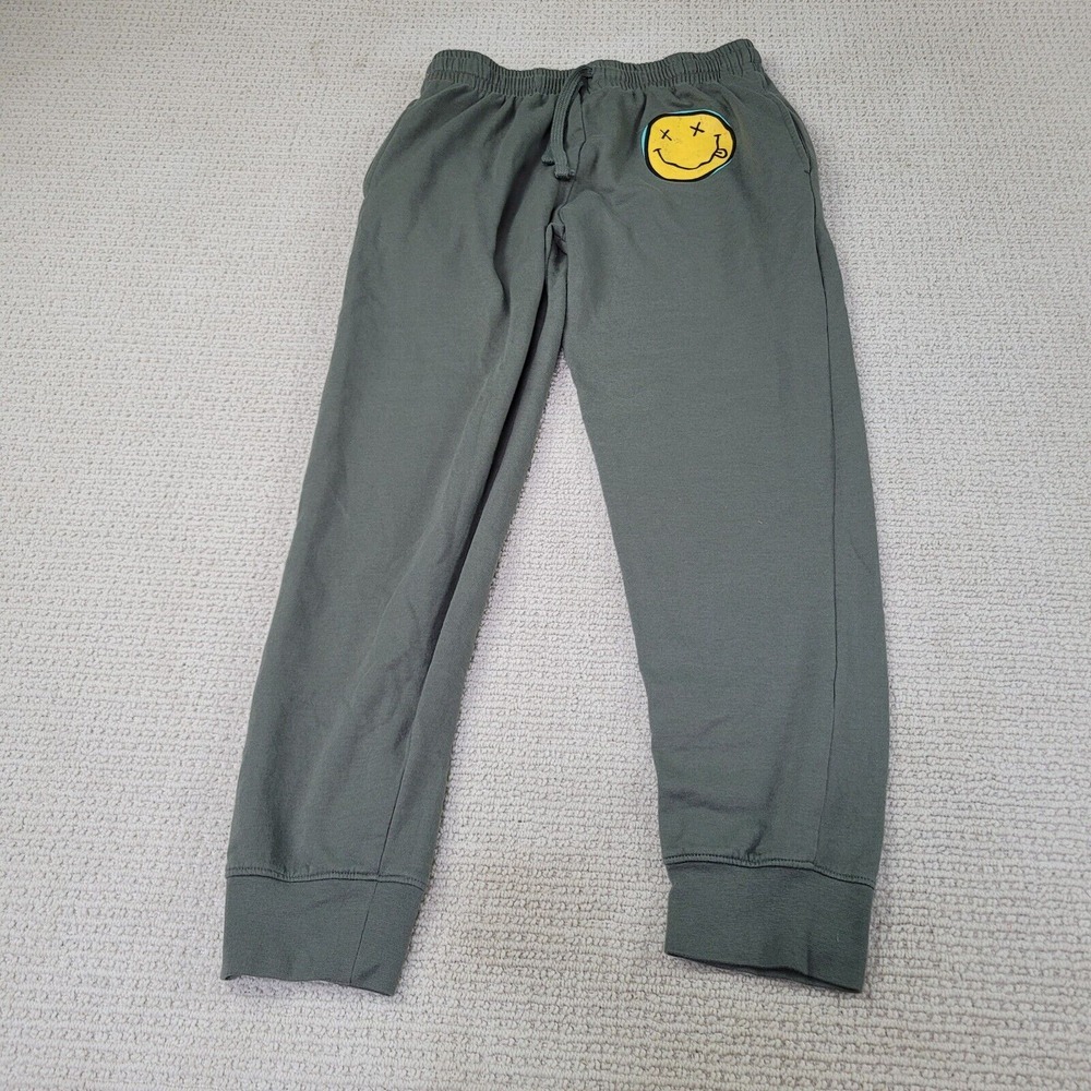 Nirvana Sweatpants Youth Boys Large Green Pants Cuffed Fleece Jogger Smiley Face
